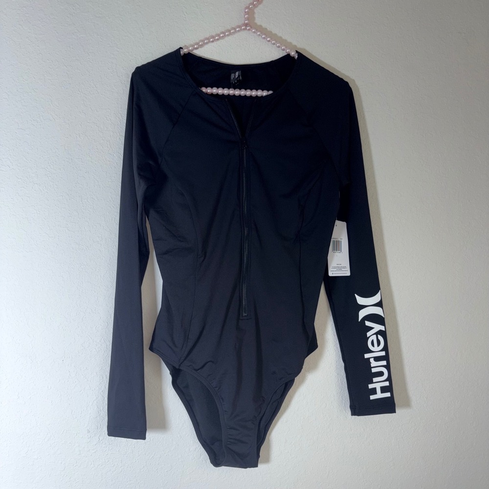 Hurley One Piece Swimsuit XL Black NEW Long Sleeve Zip Front Rash Guard Logo